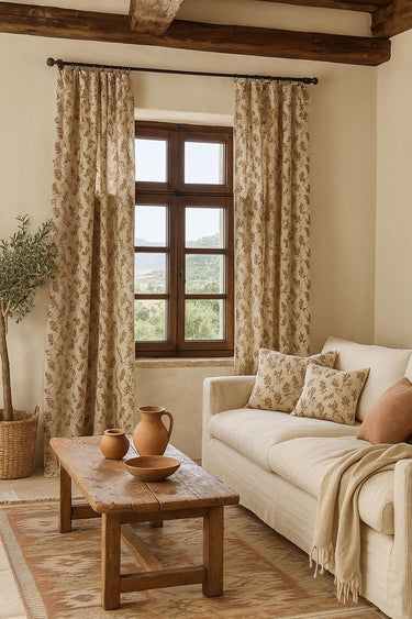 Cosy natural living space featuring botanical oak leaf curtains and cushions – ideal for farmhouse, vintage, or country interiors